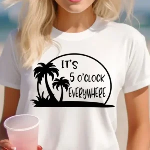 It’s 5 O’Clock Everywhere T-Shirt – Funny Palm Tree Beach Shirt for Men & Women