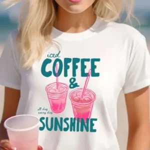 unisex t-shirt with teal “Iced Coffee & Sunshine” graphic and pink iced coffee cups design