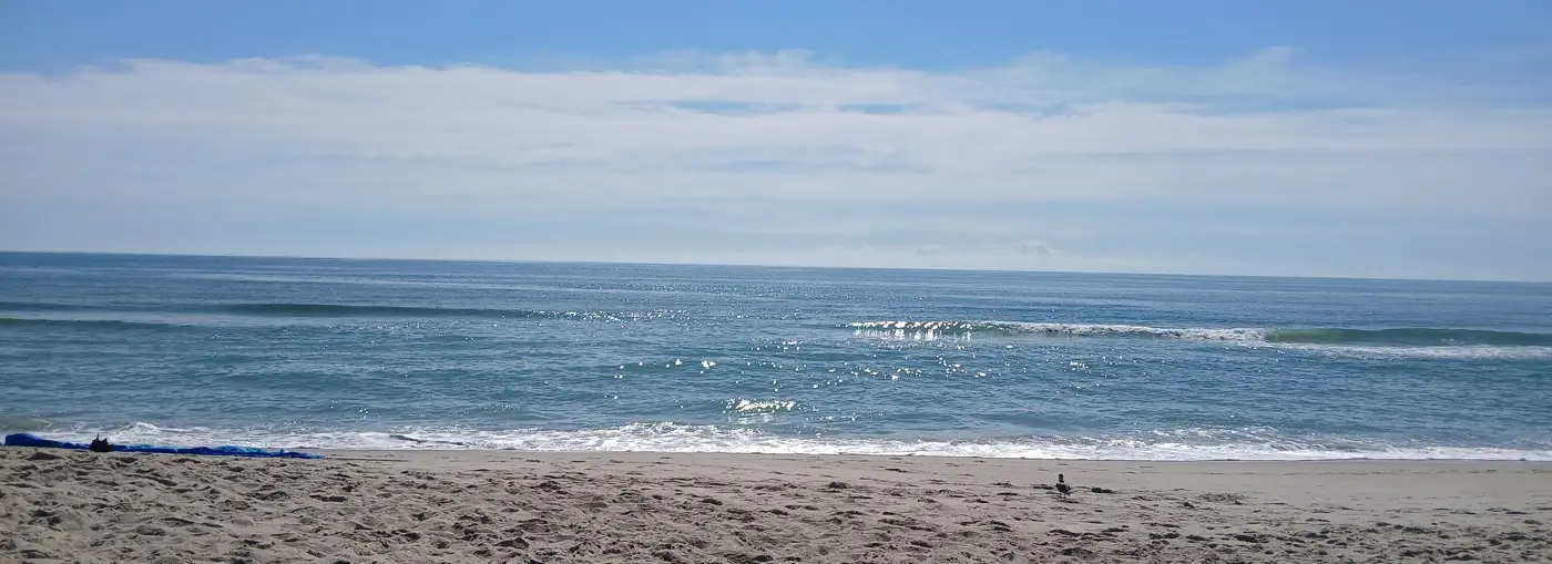 waves crashing into the beach on a sunny day