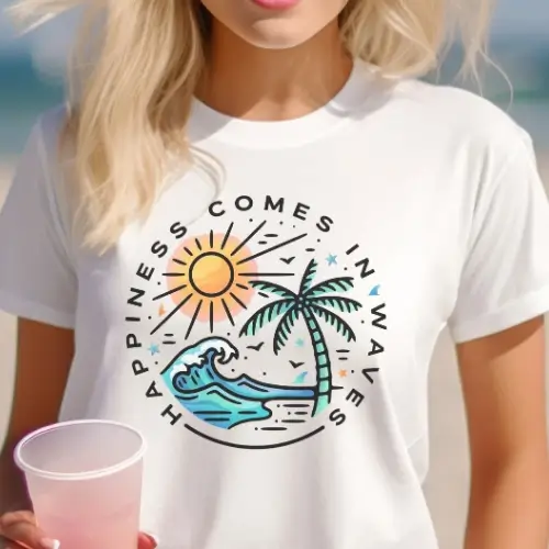t-shirt with colorful Happiness Comes in Waves beach graphic showing sun, palm tree, and ocean wave on a plain background