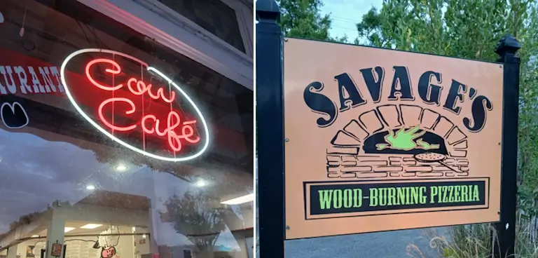 signs for new bern's cow cafe and savages pizza restaurants