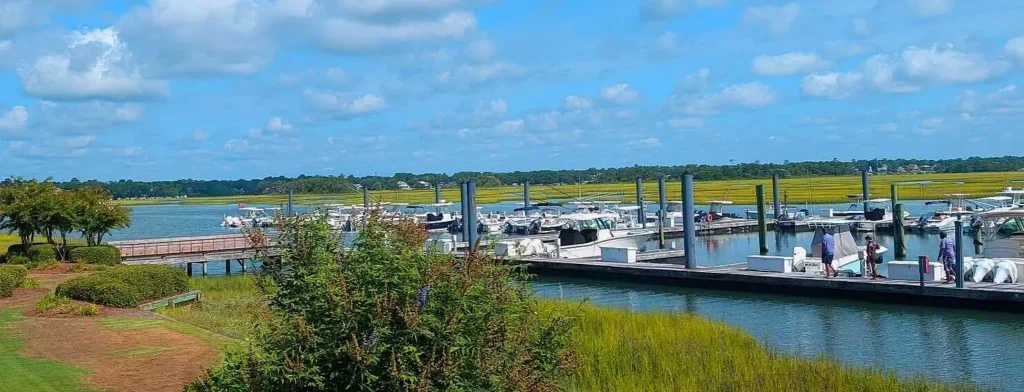 Sunny day at a coastal marina with multiple docks lined with boats, people walking on the pier, and expansive green marshlands under a bright blue sky with scattered clouds.