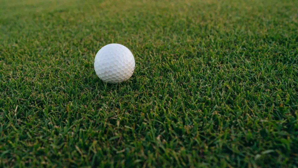 Close-up of a white golf ball resting on lush, vibrant green fairway grass.