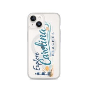 Explore Carolina Beaches MagSafe clear iPhone case with lighthouse and beach design