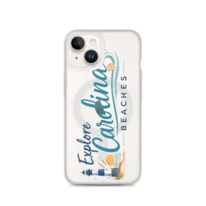 Explore Carolina Beaches MagSafe clear iPhone case with lighthouse and beach design