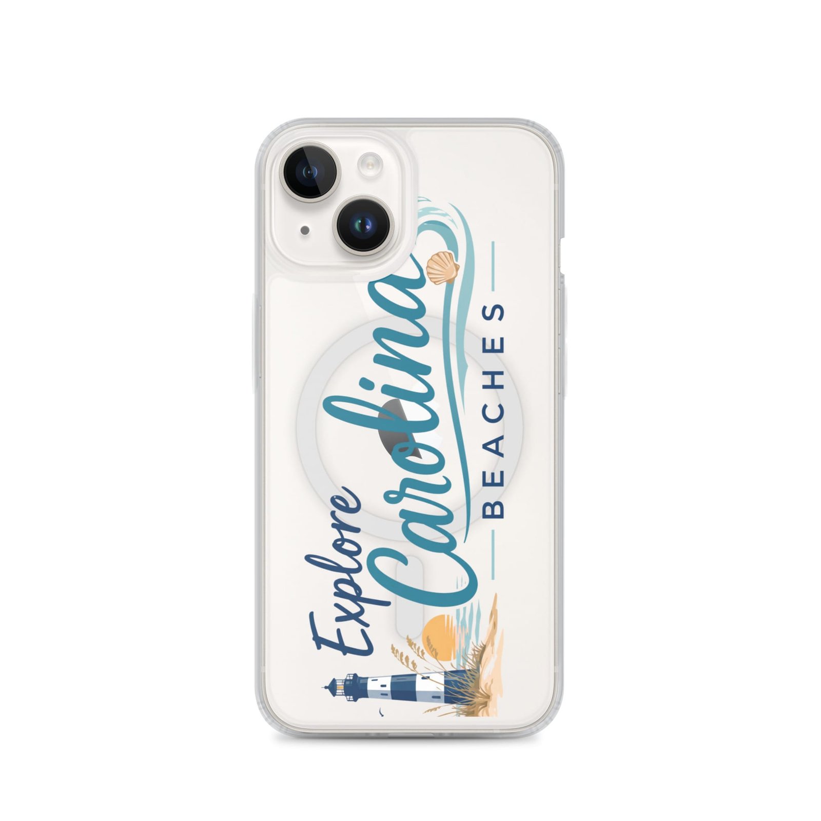 Explore Carolina Beaches MagSafe clear iPhone case with lighthouse and beach design
