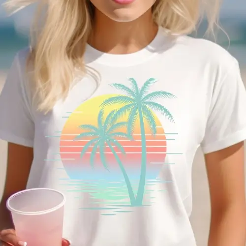 t-shirt with retro palm tree sunset graphic featuring two palms against a colorful gradient sunset over water