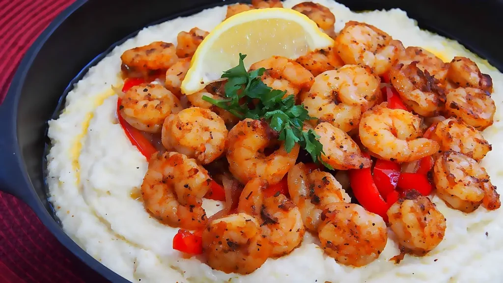 Golden sautéed shrimp seasoned with spices, piled on smooth white grits, garnished with bright red bell peppers, a lemon slice, and fresh green parsley in a black skillet.