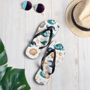 Seashell wave flip flops with teal waves, shells and starfish pattern on white background