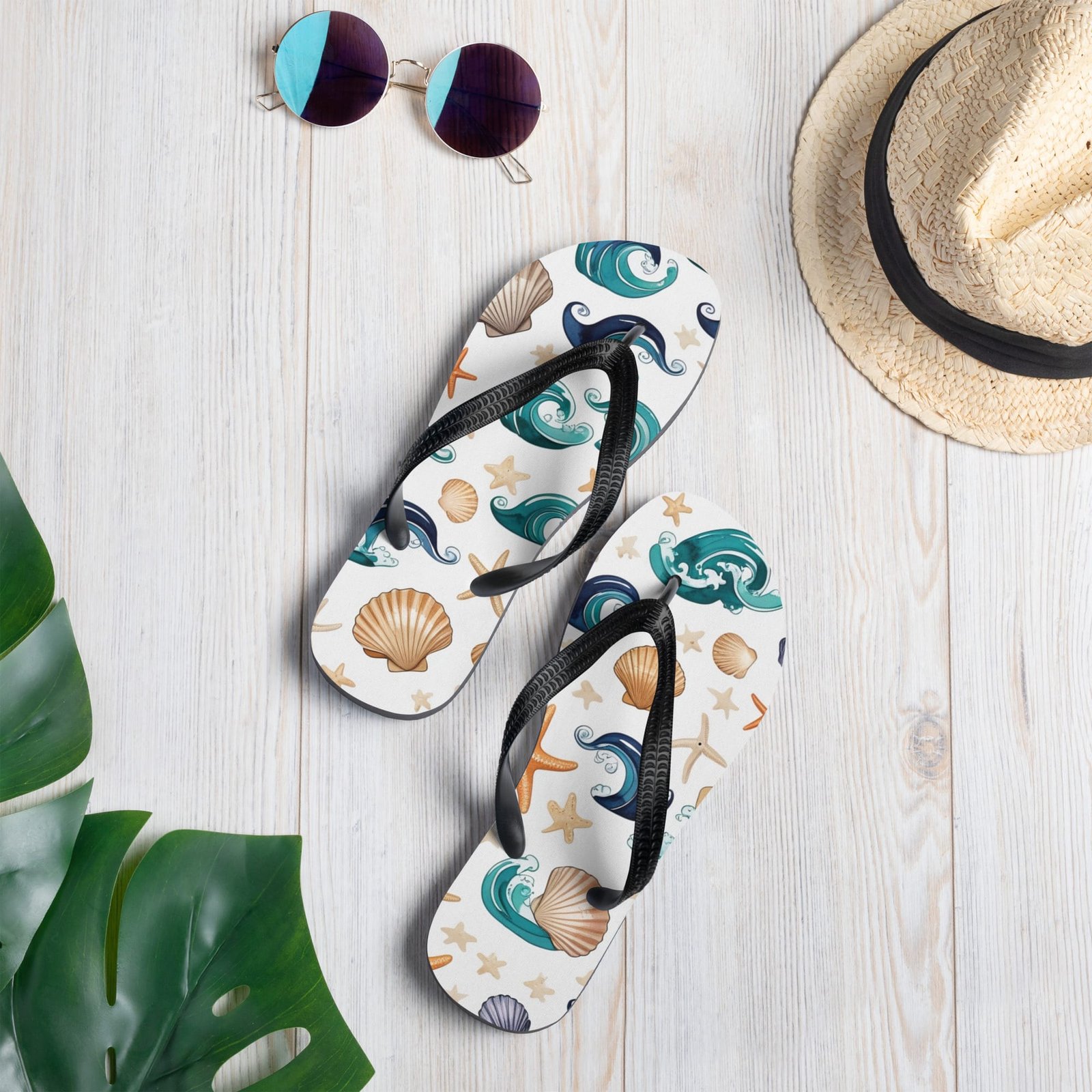 Seashell wave flip flops with teal waves, shells and starfish pattern on white background