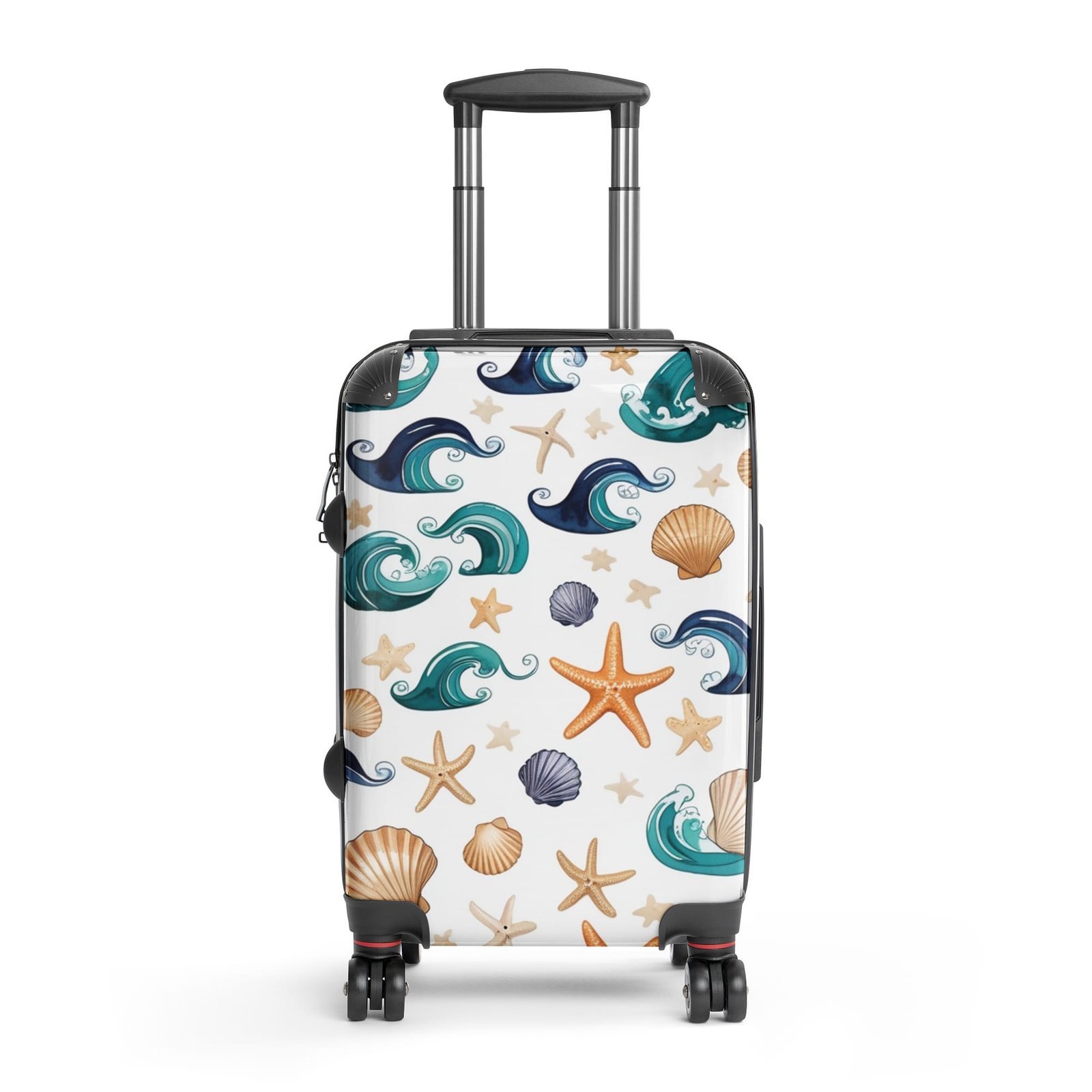 White hardshell spinner suitcase with colorful all-over print of ocean waves, starfish, and seashells on a white background