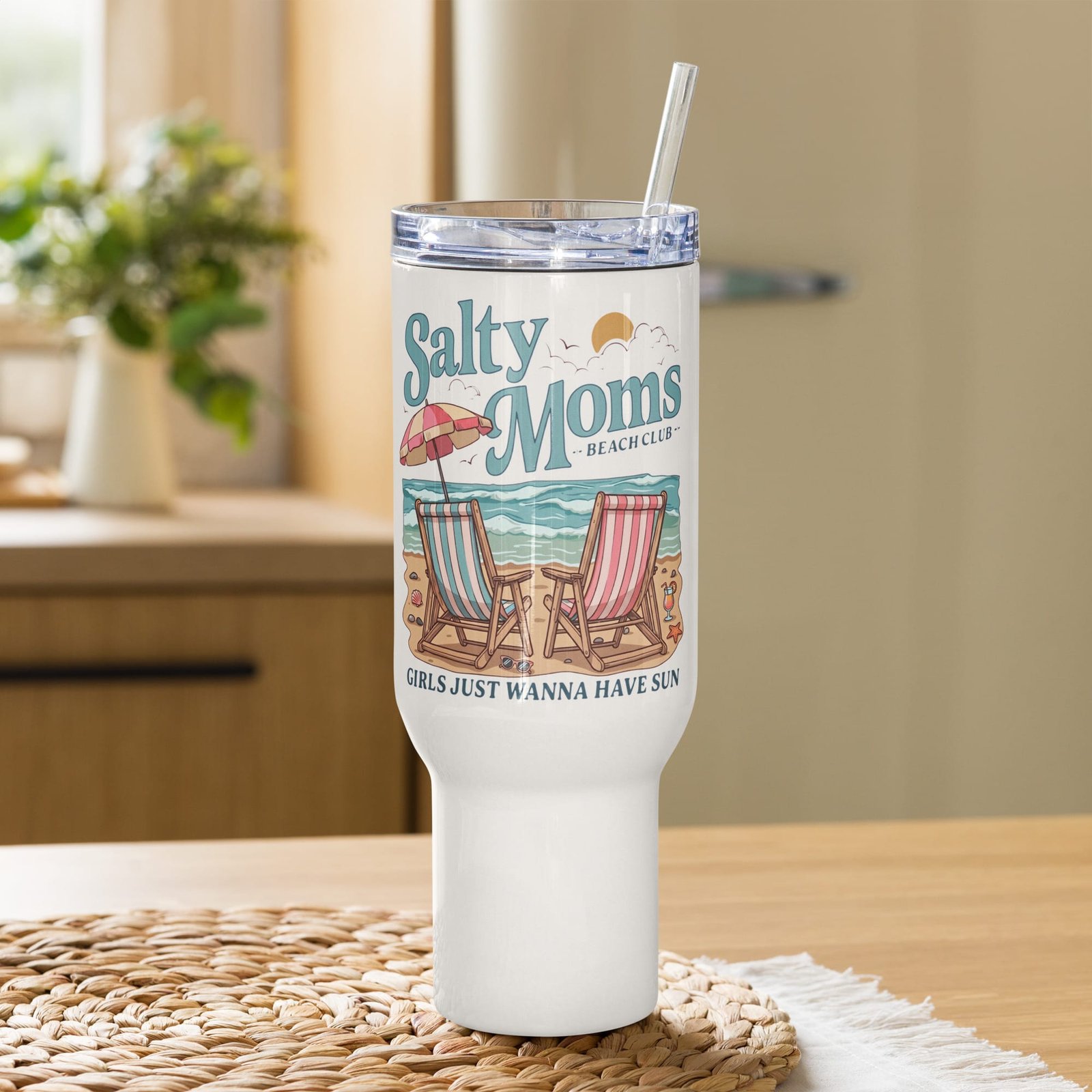 White stainless steel travel mug with handle featuring Salty Moms Beach Club retro beach chair design and "Girls Just Wanna Have Sun" text
