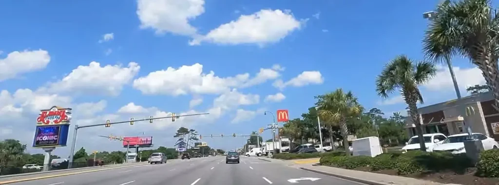 Busy main road in Myrtle Beach on a sunny day, showing traffic, palm trees, a McDonald’s sign, and large commercial billboards under a blue sky.