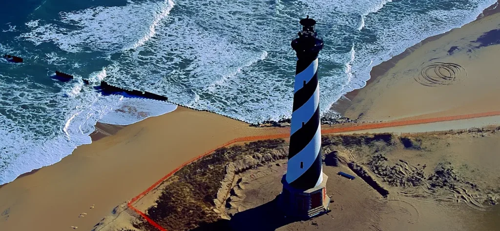 Aerial view of the iconic black-and-white striped Cape Hatteras Lighthouse on the North Carolina coast, with waves crashing on the beach and sand dunes surrounding it.