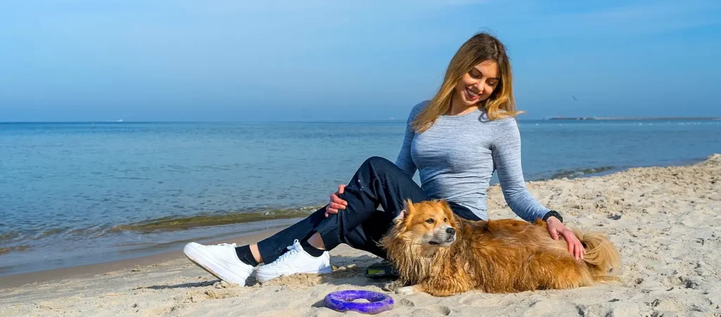 A smiling young woman with long blonde hair sitting on the beach, petting a large fluffy brown dog lying beside her. A purple frisbee is on the sand nearby, with the ocean in the background.