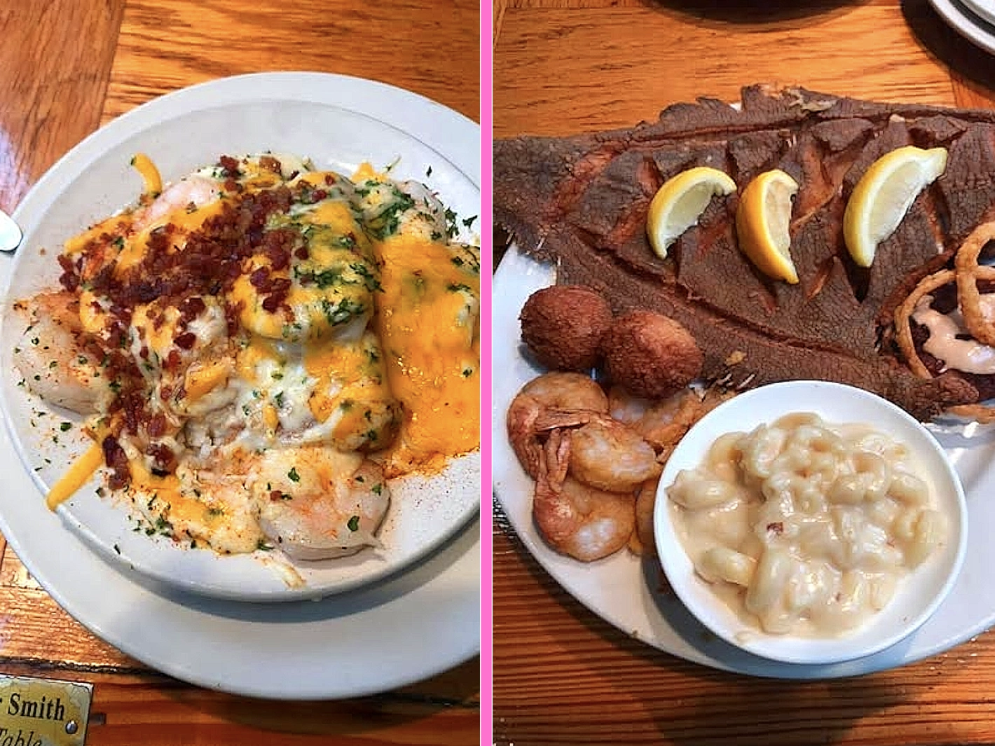 Side-by-side seafood dishes on a wooden table: Left, a white bowl filled with shrimp topped with melted orange cheese sauce, crispy bacon bits, and fresh herbs. Right, a whole fried fish platter with lemon wedges, fried shrimp, hush puppies, and a side of creamy macaroni and cheese.