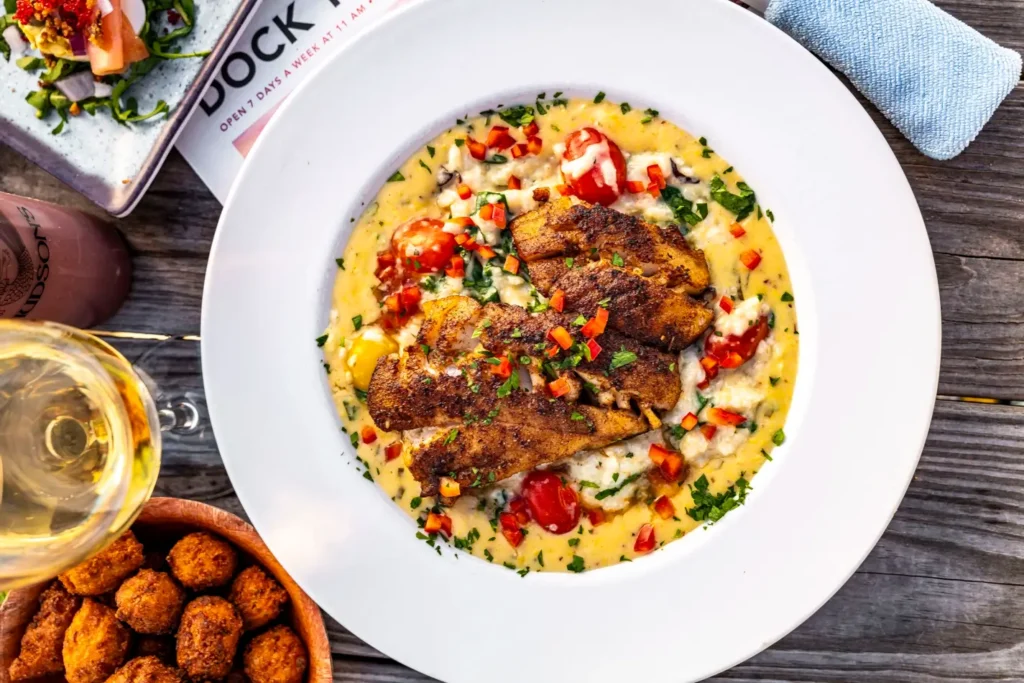 Blackened catch of the day over cheese grits at Hudson's Seafood House, Hilton Head Island