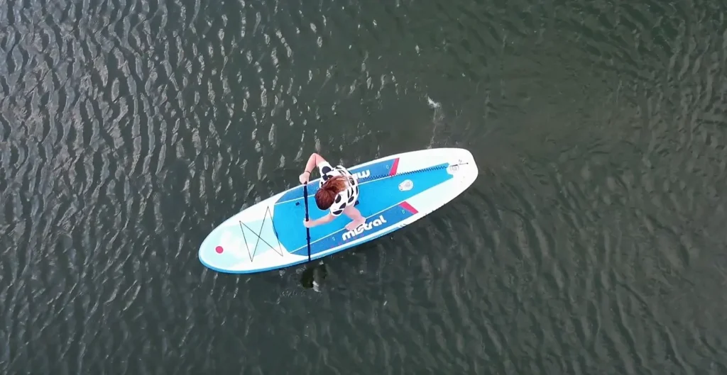 Aerial top-down view of a woman with reddish-brown hair wearing a black-and-white cow-print top, paddling on a blue and white inflatable paddleboard on dark rippled water.