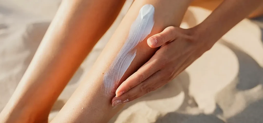 Applying sunscreen lotion to leg on the beach to prevent sunburn