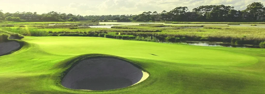 Golf green bordered by marshland and water on a Lowcountry-style course