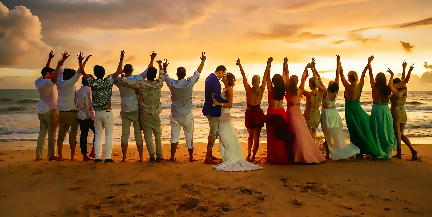 A joyful group of wedding guests and the bride and groom standing on the beach at sunset. Everyone is facing the ocean with their arms raised in celebration. The bride and groom are kissing in the center while the guests cheer around them under a golden sky.