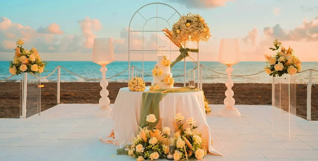 Elegant beachfront wedding cake table with candles at golden hour