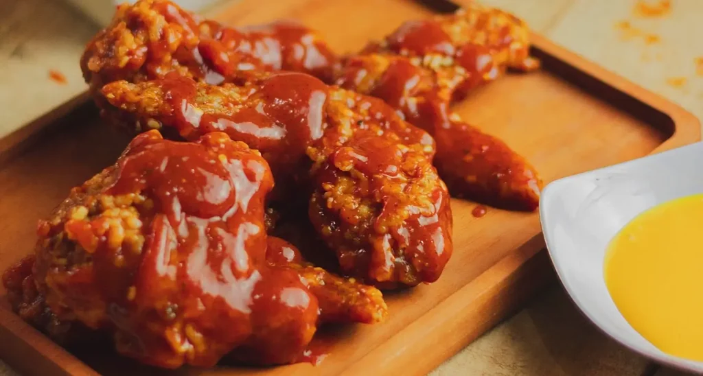Saucy chicken wings served on a wood board with dipping sauce at a Manteo food festival