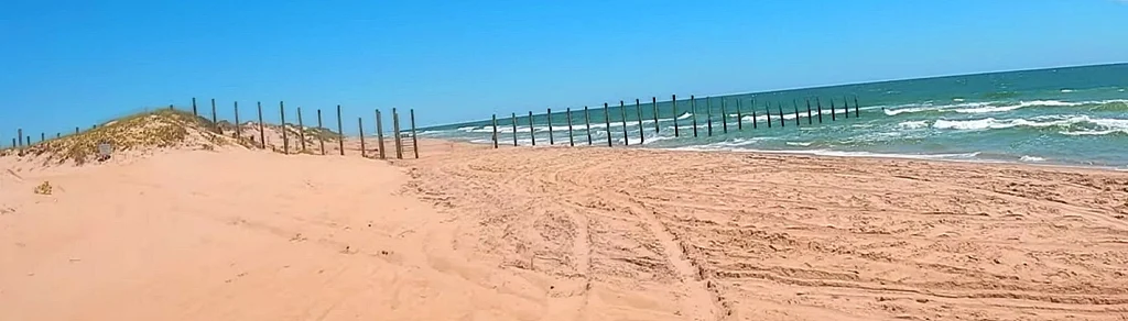 Wooden sound-to-sea fence stretching across the beach and into the ocean, marking the Corolla wild horse sanctuary boundary