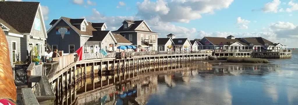 Waterfront shops and boardwalk along the soundside in Duck, Outer Banks