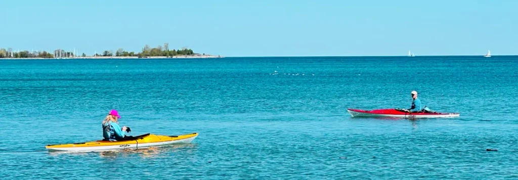 Two kayakers paddling calm coastal waters near a marina, a common way to reach Charleston's boat-only barrier islands