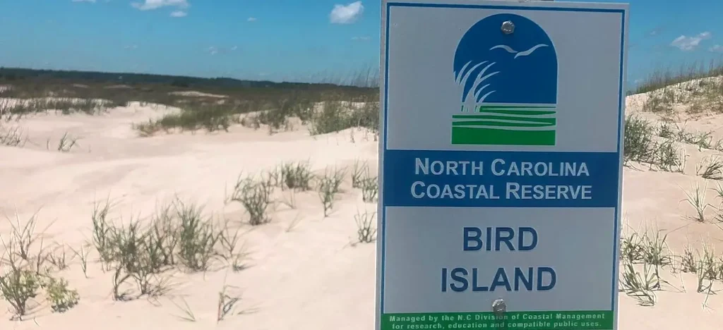 Blue-and-white North Carolina Coastal Reserve “Bird Island” sign in the foreground with rolling sand dunes and sparse beach grass under a partly cloudy sky.