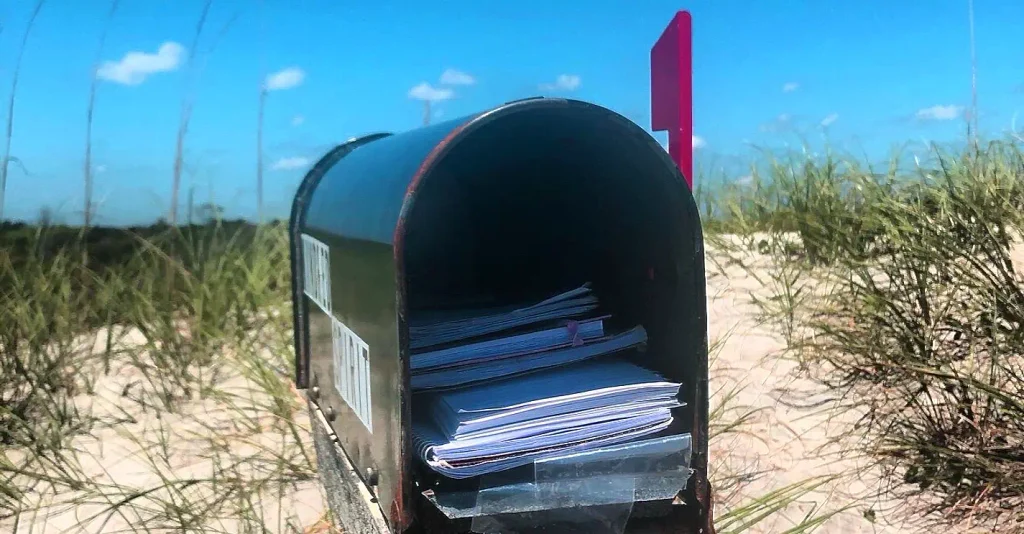 Close-up of an open black mailbox overflowing with stacked notebooks and journals, red flag raised, surrounded by sea oats and dunes against a clear blue sky.