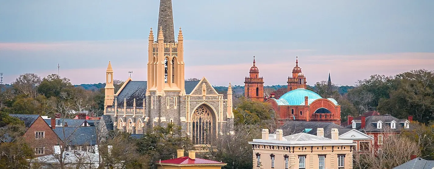 Historic gray stone Gothic Revival church with tall beige spire and pointed arches, next to a red brick building with twin towers and a turquoise dome, surrounded by trees and houses under a soft pastel sky.