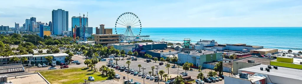 Aerial view of the Myrtle Beach skyline, SkyWheel, and oceanfront
