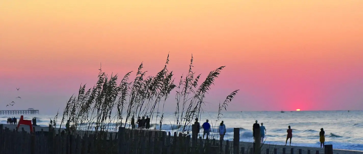 Sunrise over the pier and sea oats on a Myrtle Beach shoreline