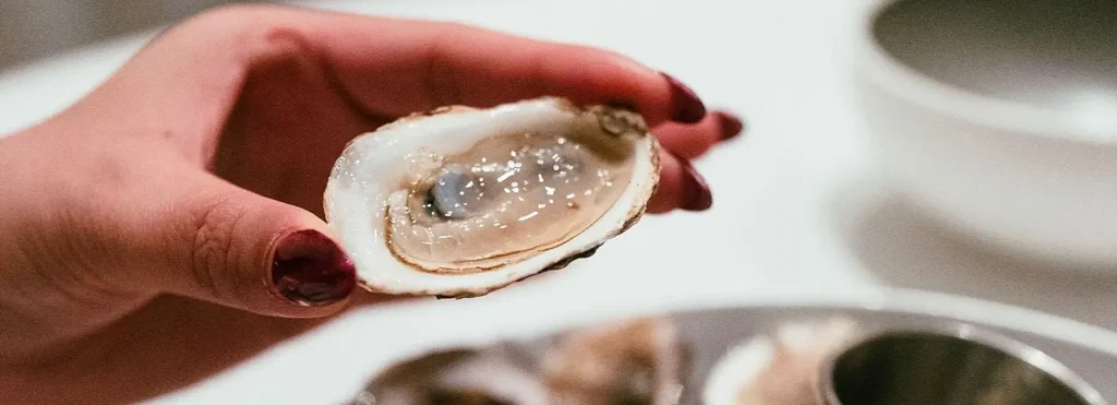 Close-up of a single raw oyster on the half shell held in hand