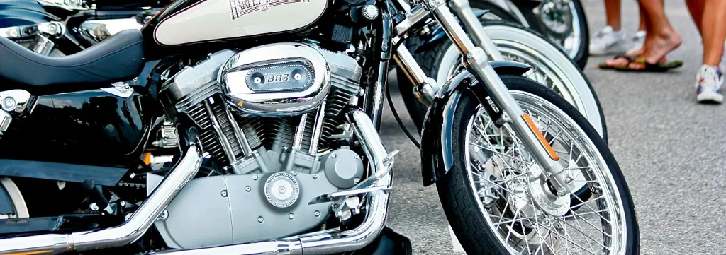 Close-up of a chrome Harley-Davidson 883 engine parked at Myrtle Beach Bike Week on the Grand Strand