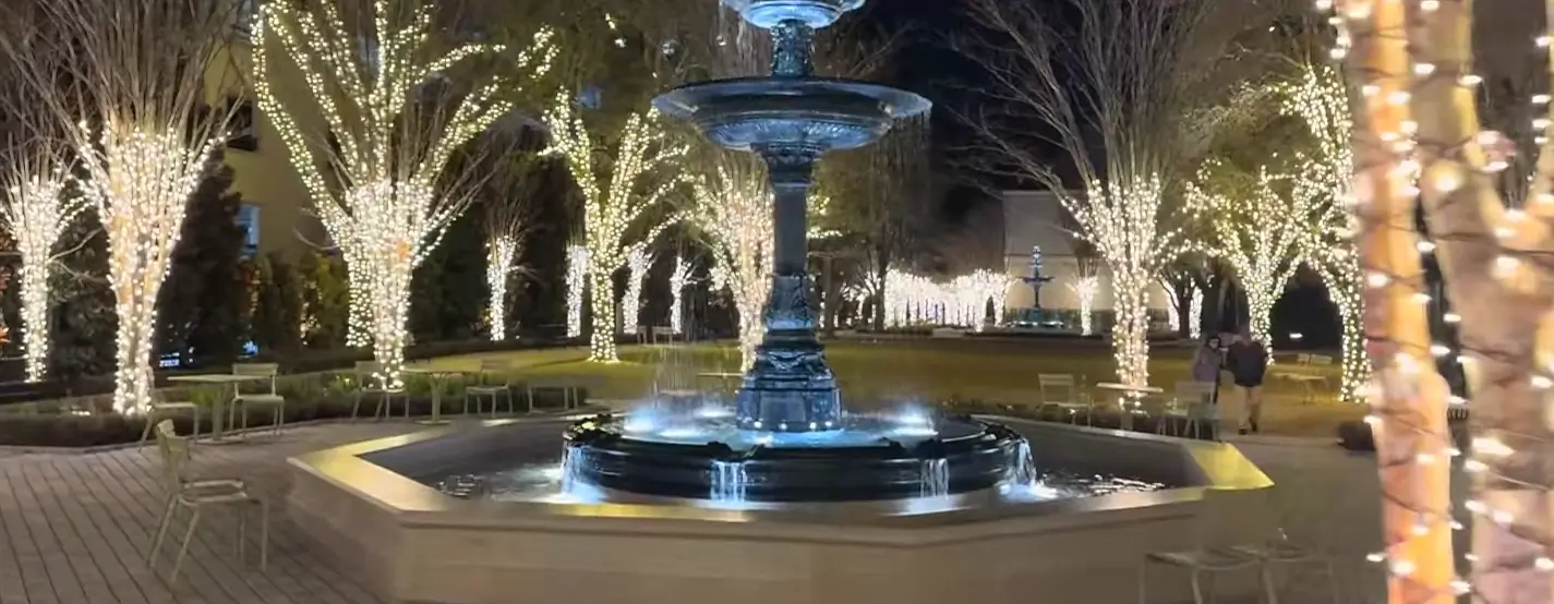 A classical multi-tiered fountain lit in blue at night in a Charleston plaza or park, surrounded by bare trees wrapped in warm white string lights, with outdoor seating and a few people walking nearby.
