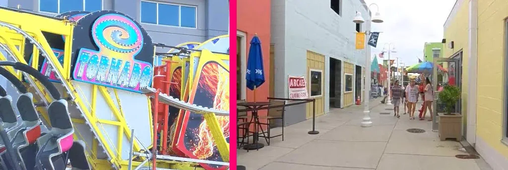 Split view of the Tornado ride and the quiet Carolina Beach boardwalk storefronts