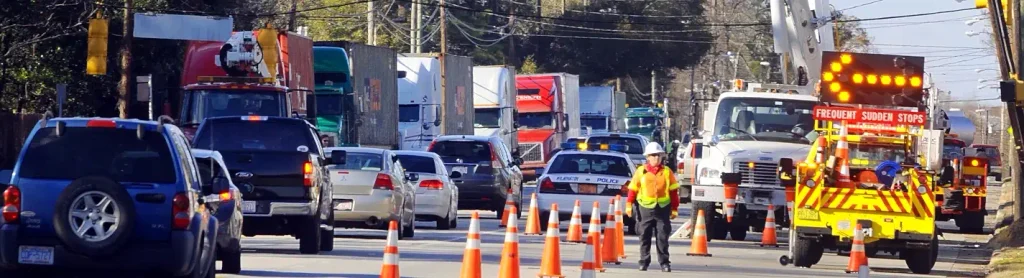 Traffic backup with utility trucks and a police car during road work on the Carolina coast