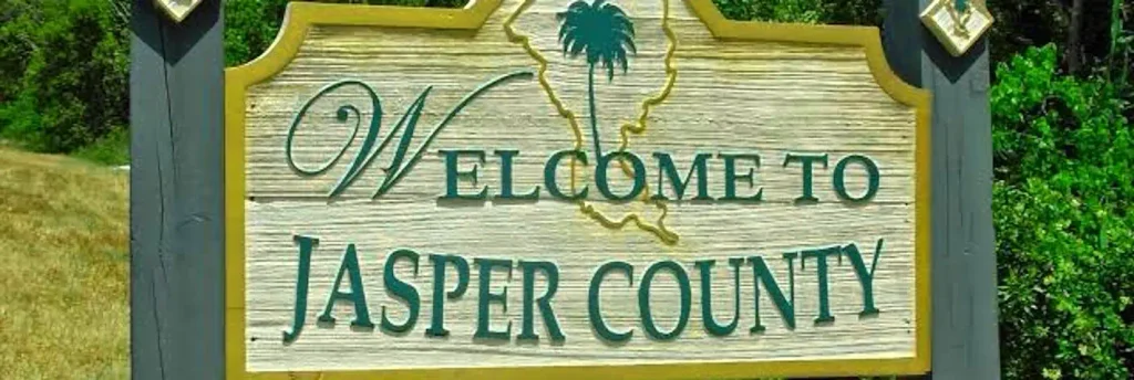 Wooden “Welcome to Jasper County” sign with a yellow border, green lettering, and a gold outline of South Carolina featuring a palm tree, mounted between two dark posts against green trees and dry grass.