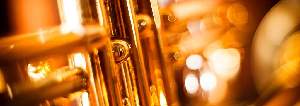 Blurred gold brass instrument pipes with warm bokeh lights at the Lowcountry Jazz Festival