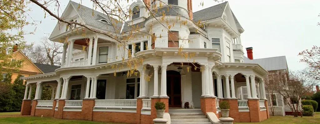 Grand white Victorian mansion with multi-level wraparound porches supported by tall white columns, a brick foundation, rounded turret section, and gray shingled roof, partially framed by bare tree branches.

