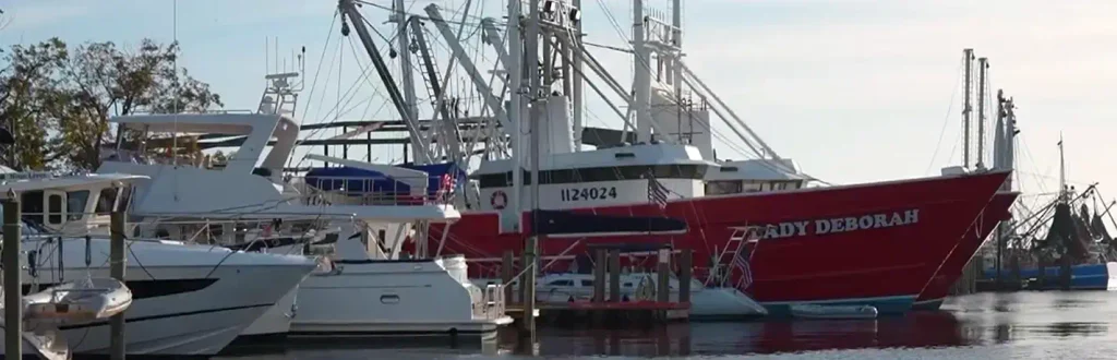 Close-up of docked boats including several white yachts and a large bright-red commercial fishing boat named “LADY DEBORAH” with registration number 1124024.

