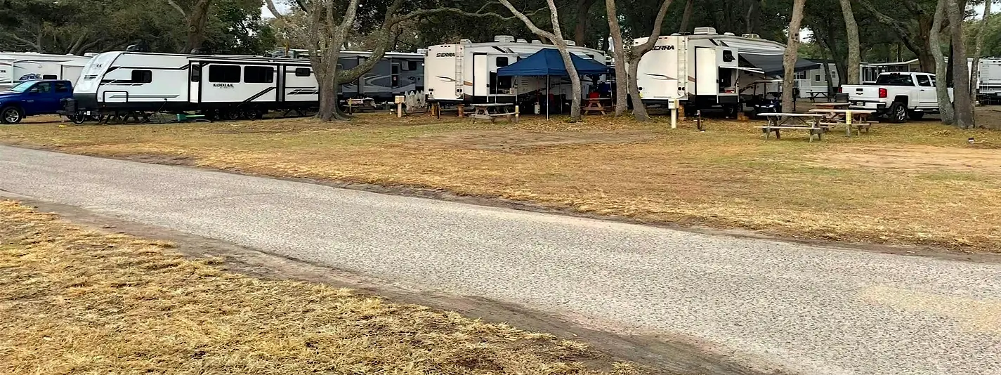 Row of large white RVs and travel trailers parked under trees along a paved road, with picnic tables, a blue canopy, and dry grass in a sunny campground setting.