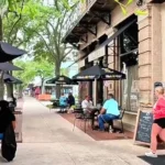 Sunny outdoor cafe seating area on a brick sidewalk with black patio umbrellas, people dining at tables (one wearing a Steelers jersey), a woman in a pink top walking past storefronts, and trees lining the street.