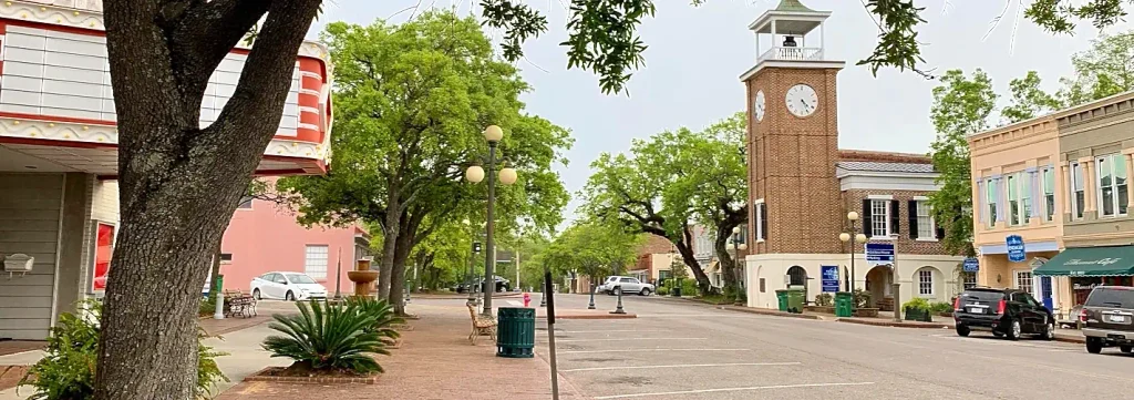 Tree-lined street in a small town with a brick clock tower building on the right, parked cars, sidewalks, shops, and a large tree in the foreground under overcast skies.

