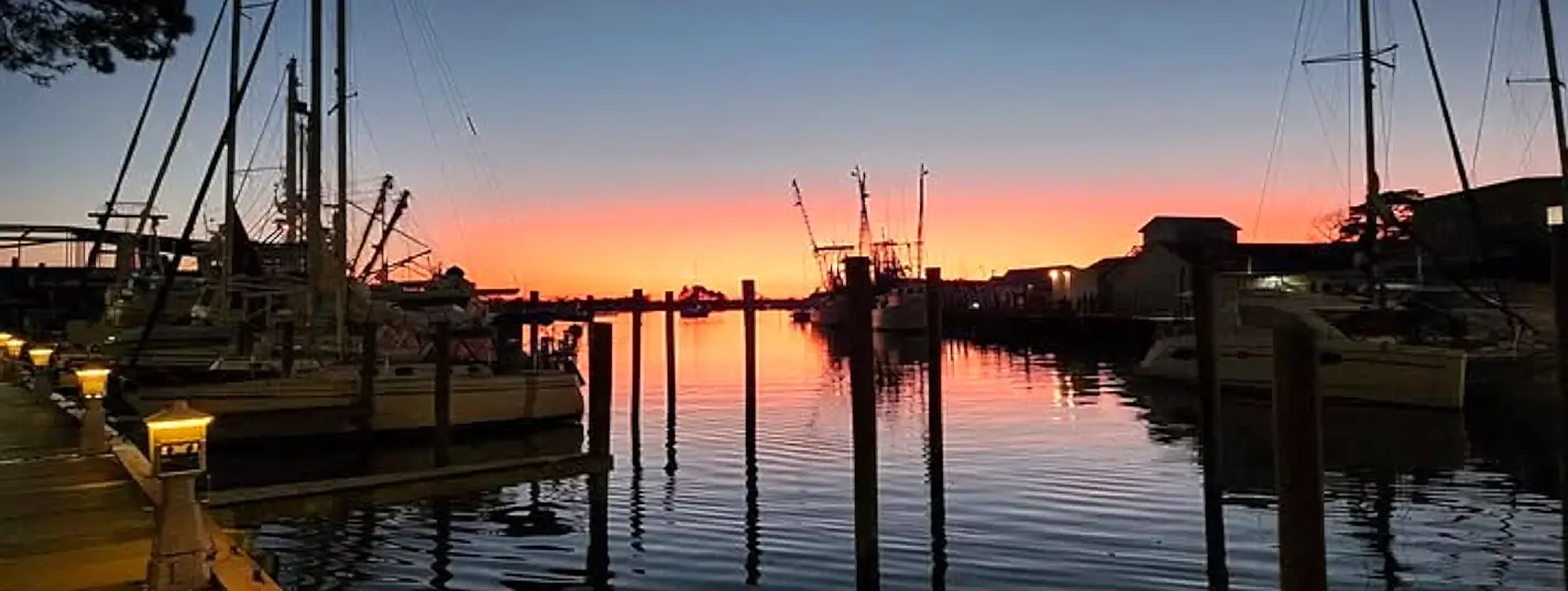Silhouetted boats and docks in a marina at sunset, with the sky glowing orange and pink above calm reflective water.