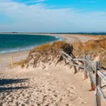 Sandy path leading down to a wide sandy beach and calm blue-green ocean, with wooden rail fence on the right, dry dune grasses on both sides, and distant land visible across the water under a clear blue sky.