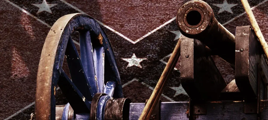 Close-up of a weathered Civil War-era cannon and wooden carriage wheel set against a faded Confederate battle flag background.

